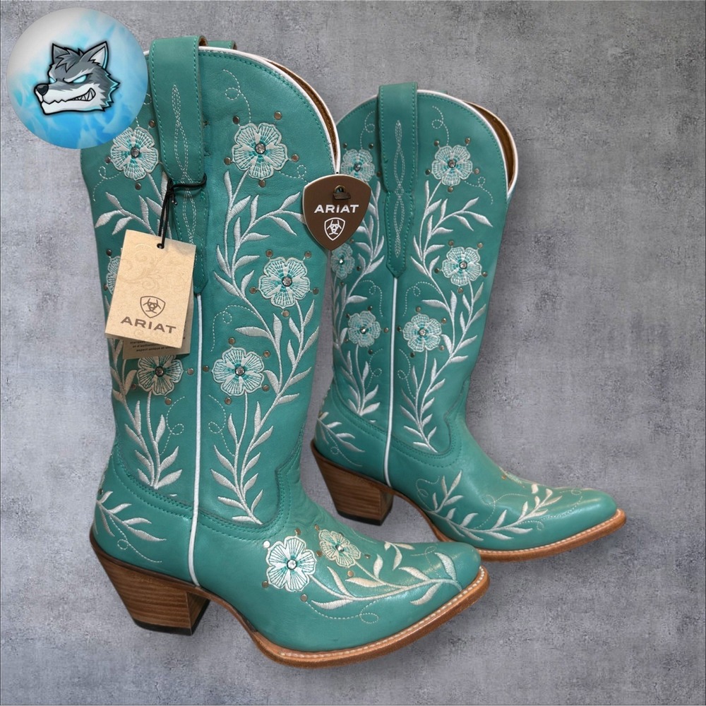 Ariat Romance Floral Embroidered Boho Turquoise Tall Western Boots Women's 6.5B - Picture 2 of 5